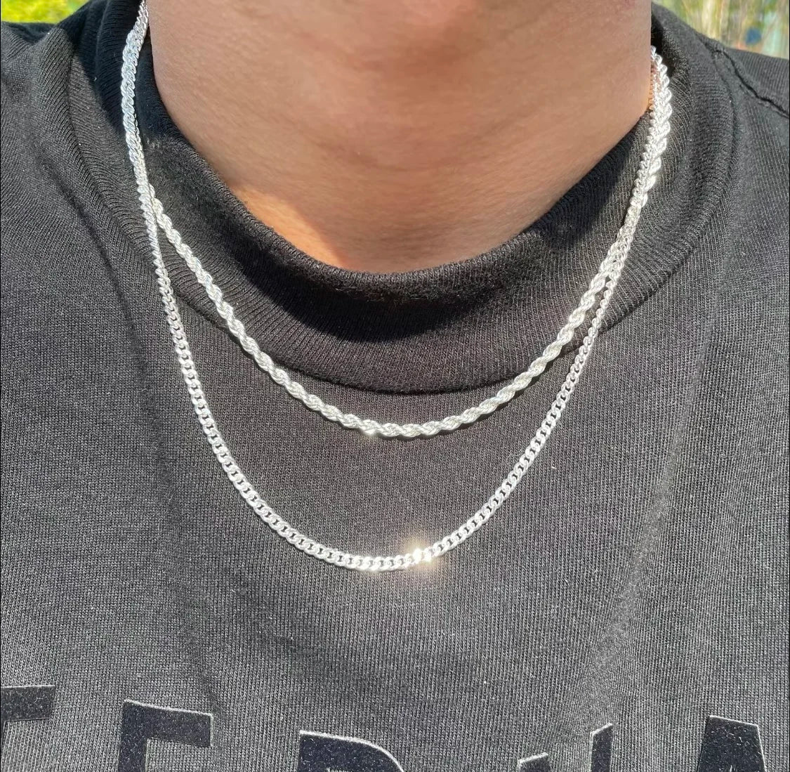 Fashionable Double Chain Set + Cross, Unisex - 3mm Layered Cuban Chain Necklace Set Minimalist Jewellery Gift 20-24 Inches Gift