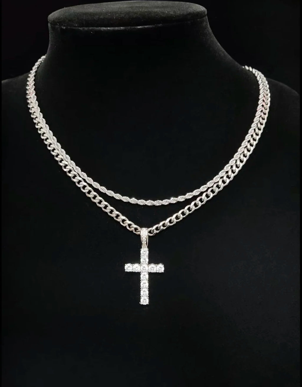 Fashionable Double Chain Set + Cross, Unisex - 3mm Layered Cuban Chain Necklace Set Minimalist Jewellery Gift 20-24 Inches Gift