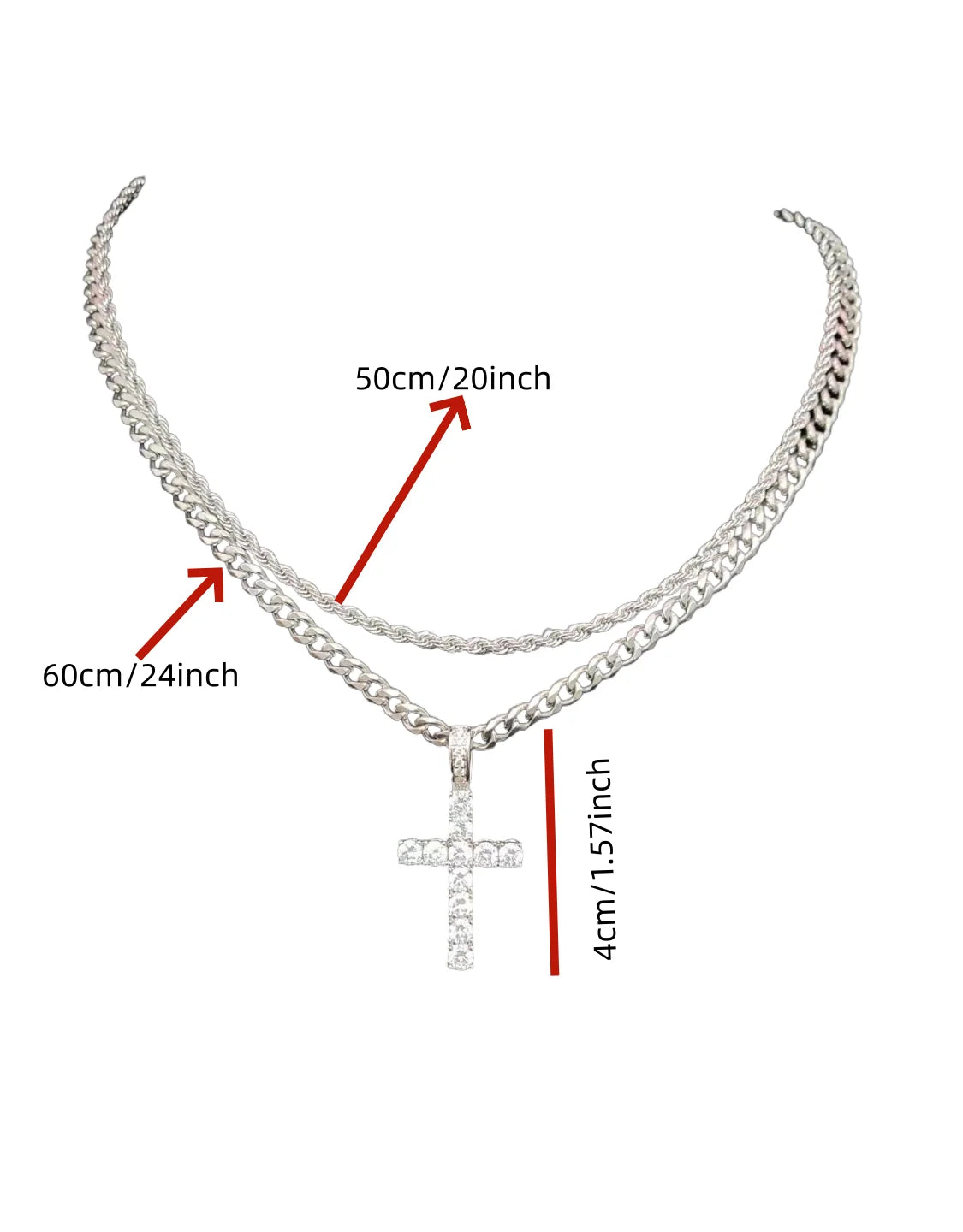 Fashionable Double Chain Set + Cross, Unisex - 3mm Layered Cuban Chain Necklace Set Minimalist Jewellery Gift 20-24 Inches Gift