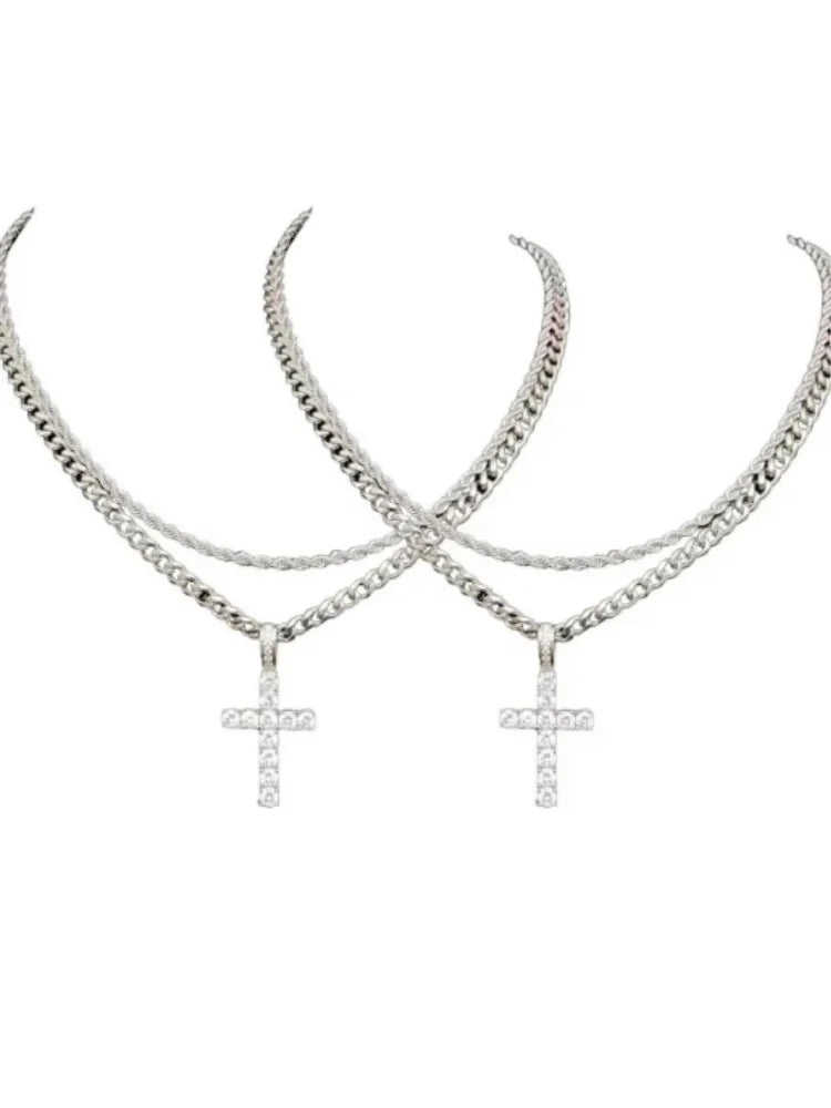 Fashionable Double Chain Set + Cross, Unisex - 3mm Layered Cuban Chain Necklace Set Minimalist Jewellery Gift 20-24 Inches Gift