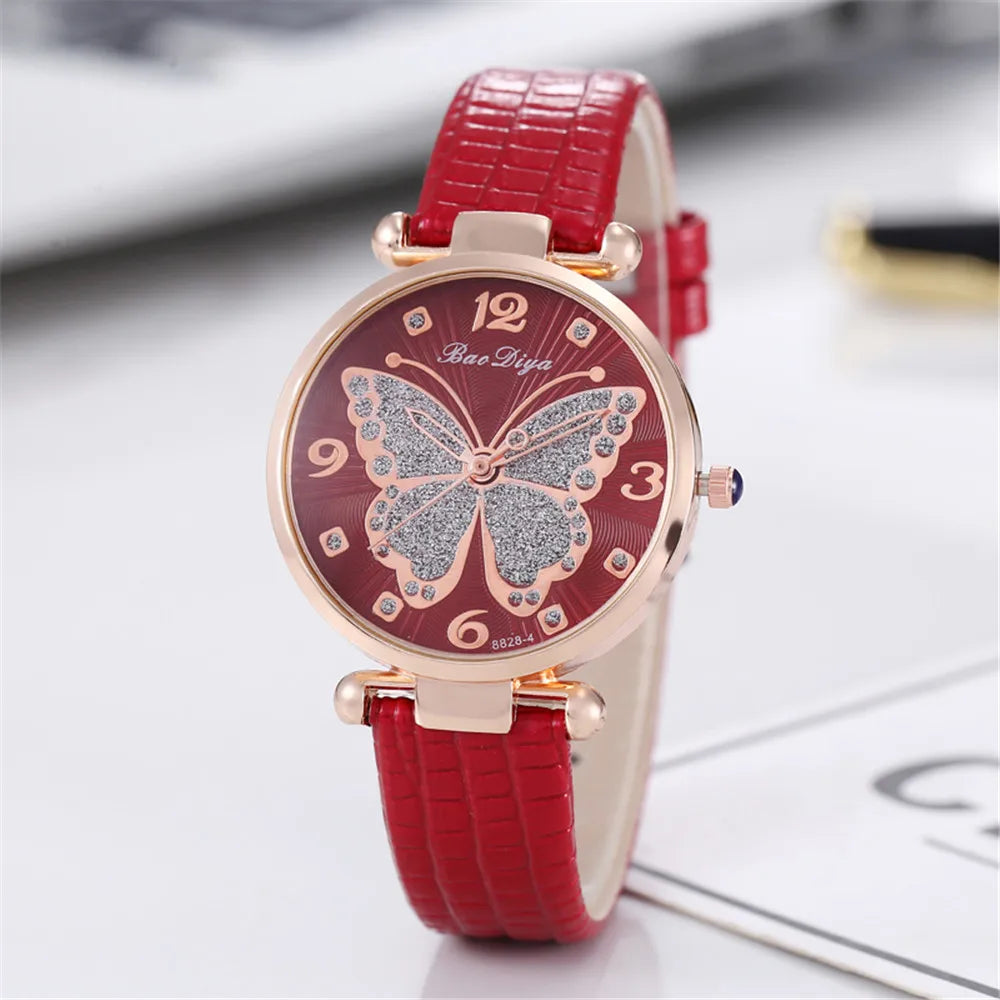 Butterfly Diamond Dial Design Women Quartz Watches Fashion Casual Ladies Wristwatches Simple Woman Leather Clock Montre Femme