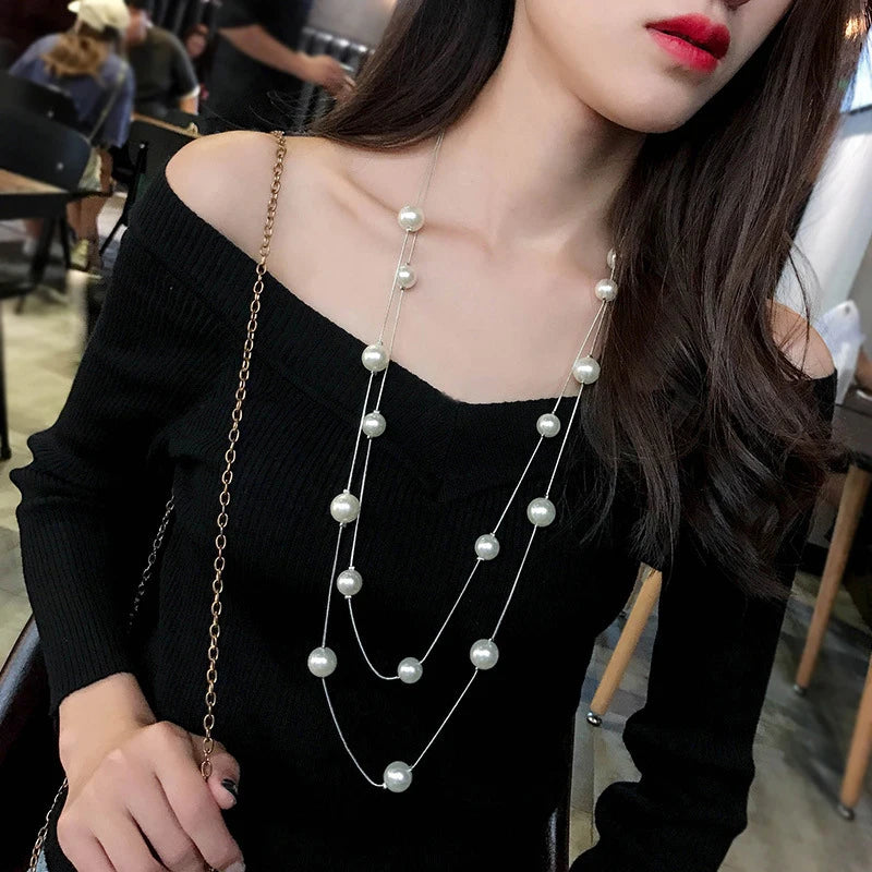New Long Double Layer Simulated Pearl Necklace Women Sweater Chain  Female Collares Statement Jewlery Wholesale 2025