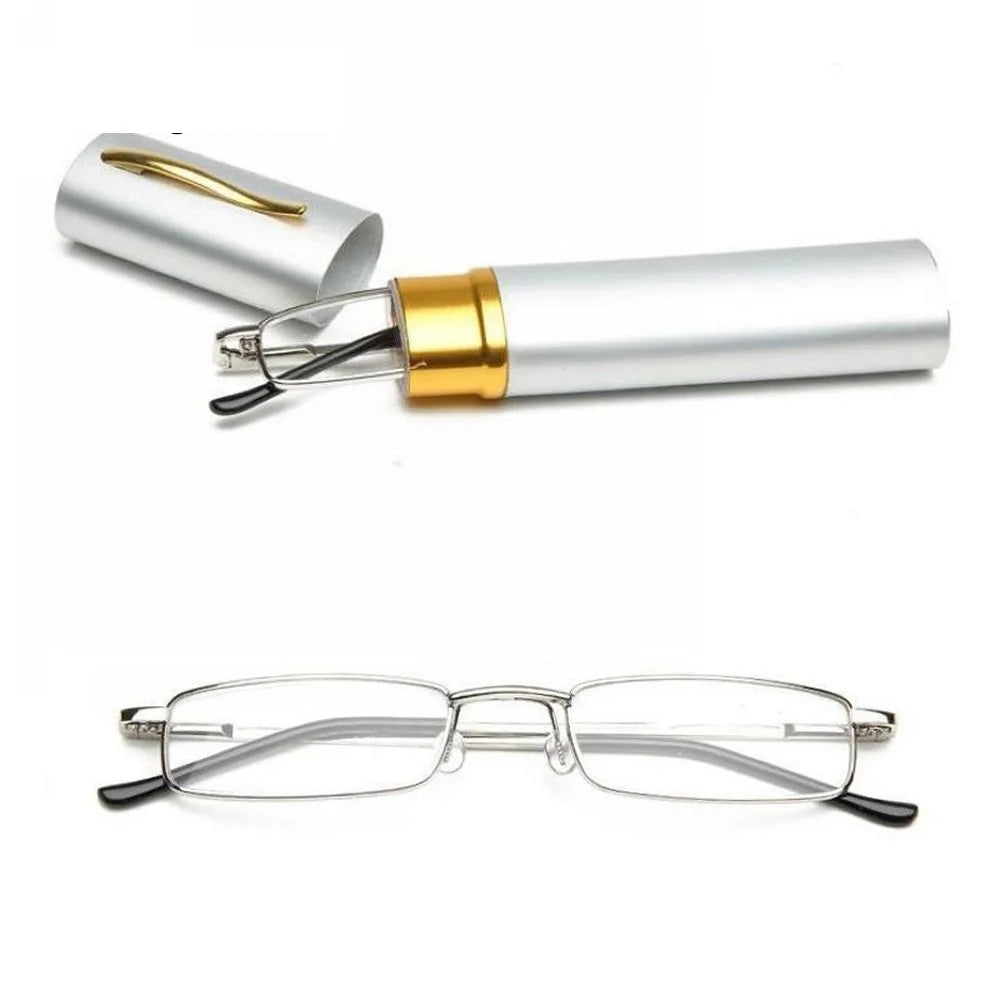 Hot Sale Unisex Stainless Steel Frame Resin Reading Glasses 1.00-4.00 With Tube Case Folding Anti Fatigue Presbyopic Eyeglasses