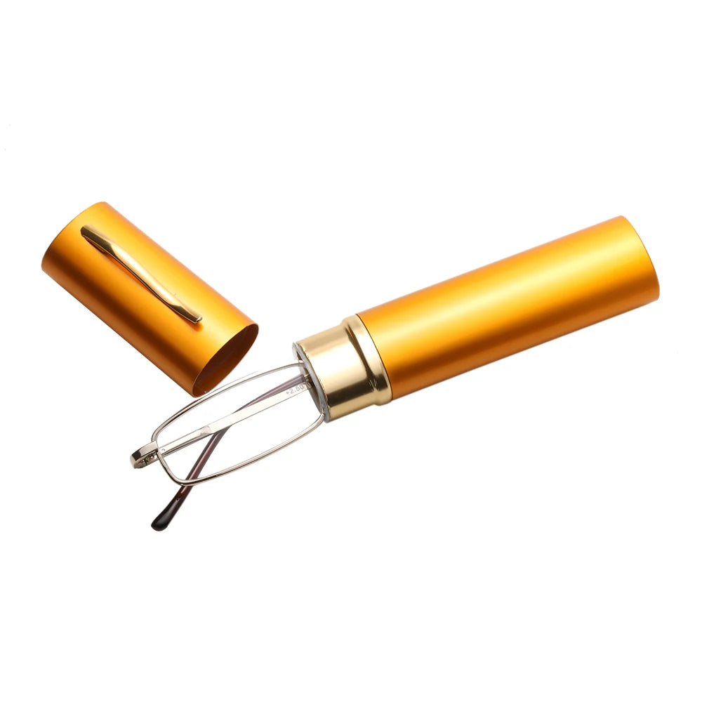 Hot Sale Unisex Stainless Steel Frame Resin Reading Glasses 1.00-4.00 With Tube Case Folding Anti Fatigue Presbyopic Eyeglasses