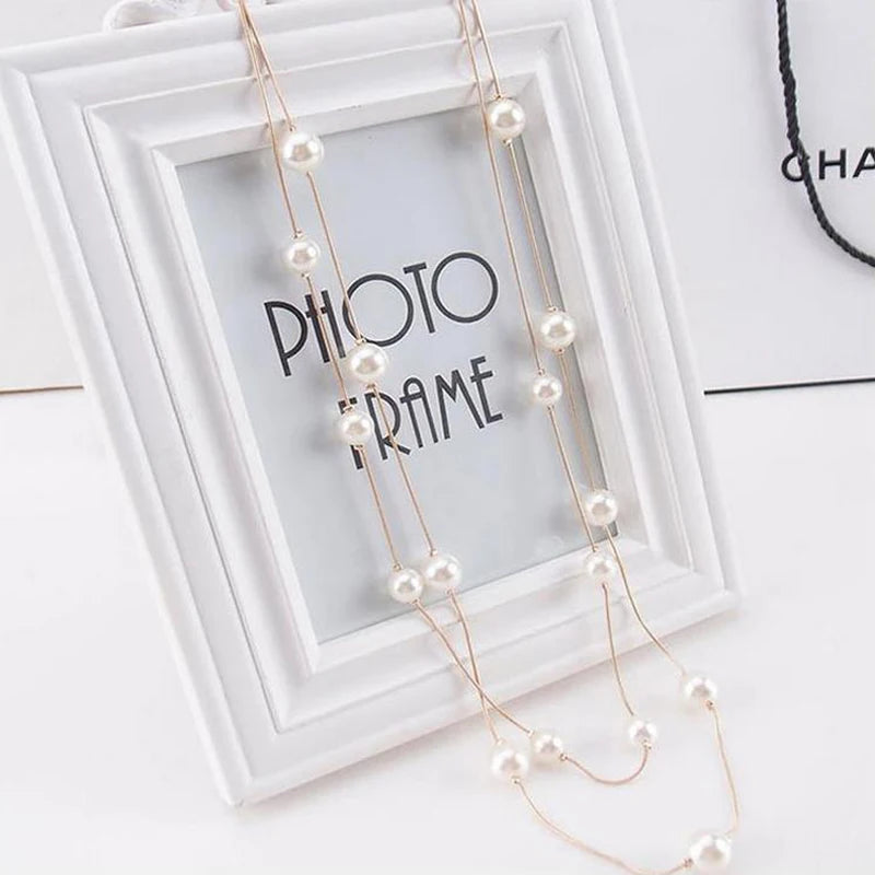 New Long Double Layer Simulated Pearl Necklace Women Sweater Chain  Female Collares Statement Jewlery Wholesale 2025