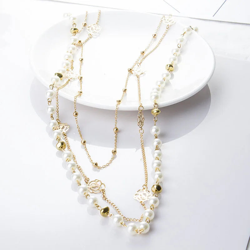 New Long Double Layer Simulated Pearl Necklace Women Sweater Chain  Female Collares Statement Jewlery Wholesale 2025