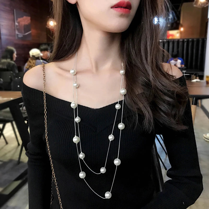 New Long Double Layer Simulated Pearl Necklace Women Sweater Chain  Female Collares Statement Jewlery Wholesale 2025