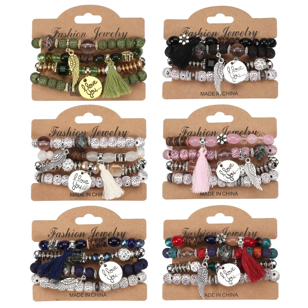 4Pcs Bohemian Beaded Bracelet Set For Women I Love You Letter Round Wing Tassel Charm Elastic Chain Bangle Girls Boho Jewelry
