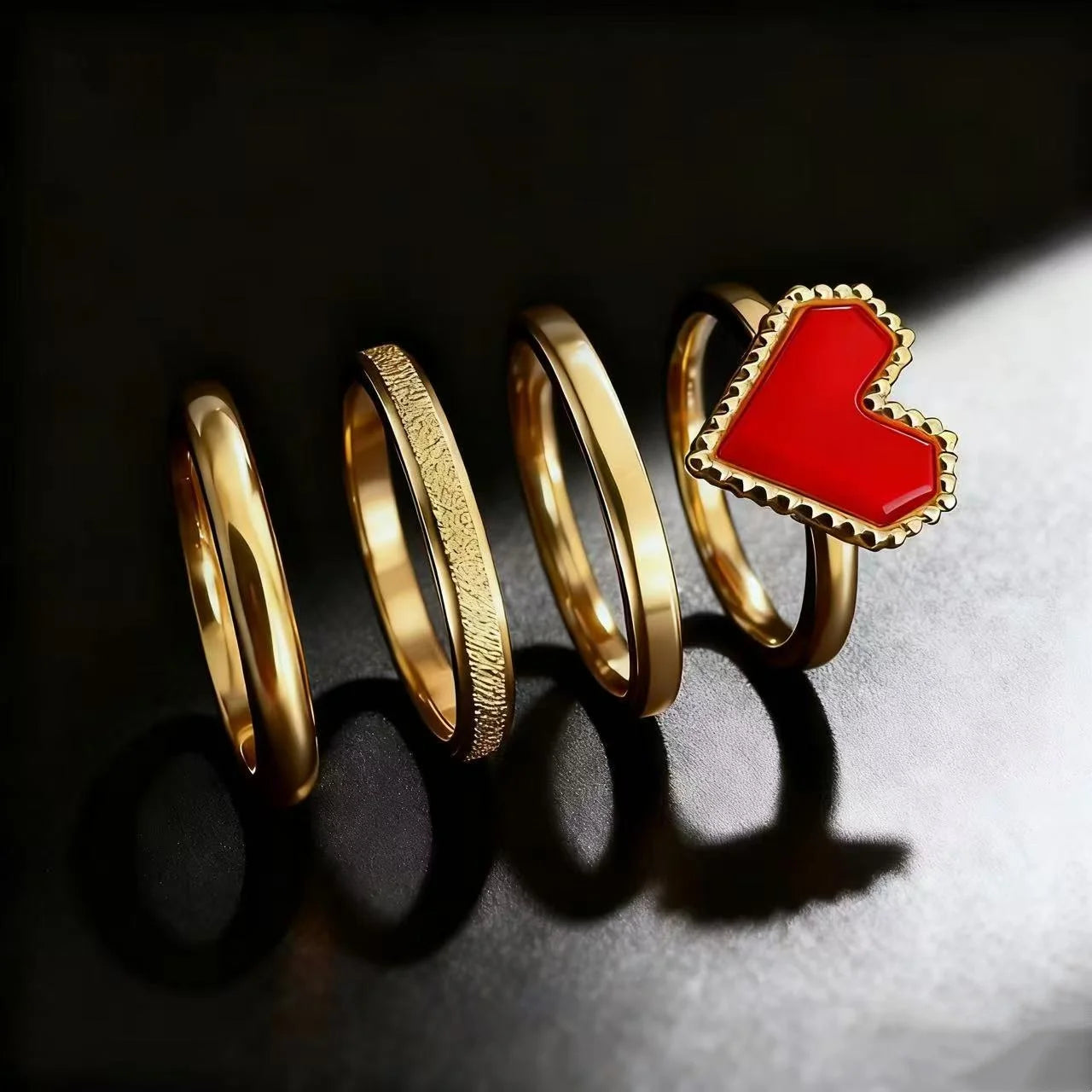 4Pcs Gold Plated Color Black Heart Stainless Steel Ring Set For Women Jewelry Accessories Gifts