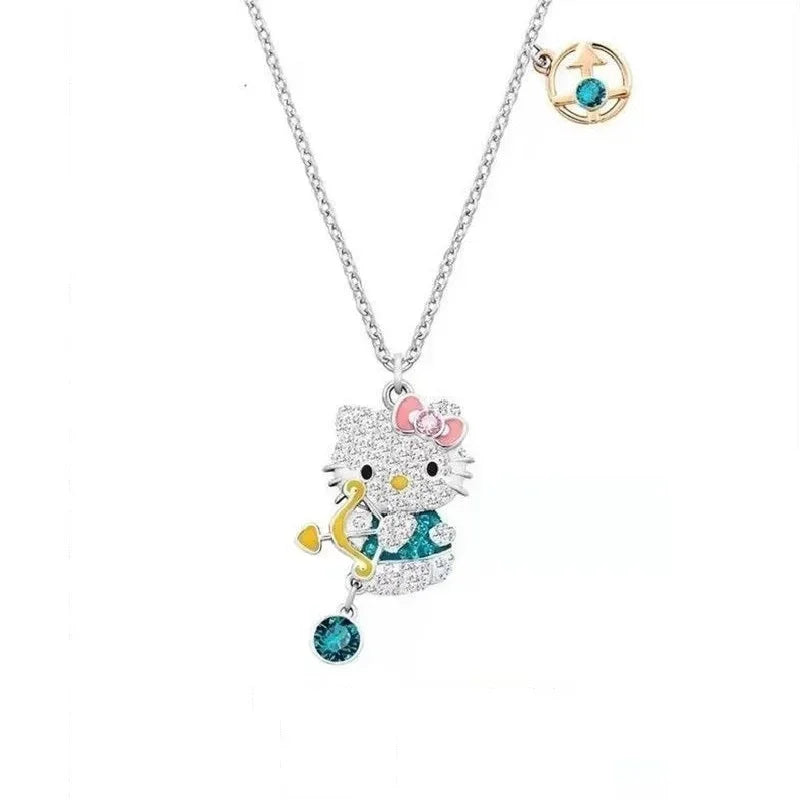 Sanrio Hello Kitty Necklace Anime Character Pink Peach Heart Crystal Cat Push-Pull Bracelet Pendant Couple Decoration Girl Gift
