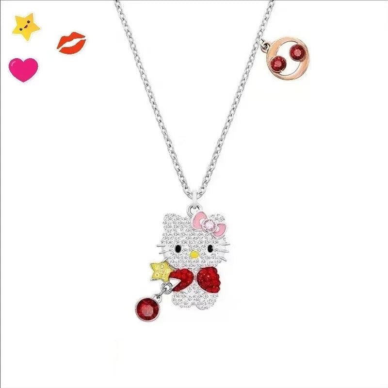 Sanrio Hello Kitty Necklace Anime Character Pink Peach Heart Crystal Cat Push-Pull Bracelet Pendant Couple Decoration Girl Gift