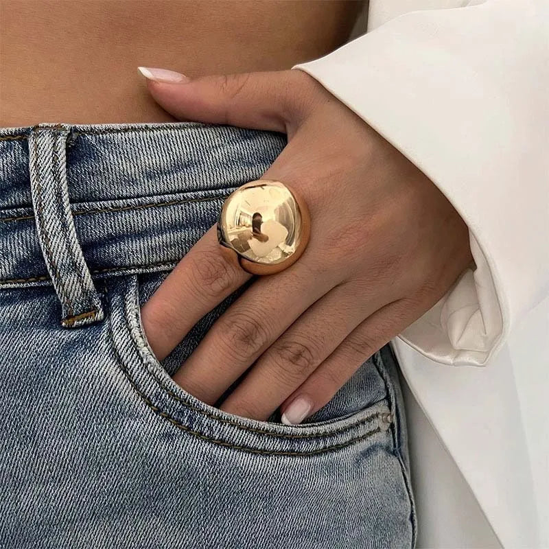 Exaggerated Metal Glossy Round Ball Shape Ring for Women Men Fashion Gold Silver Color Geometric Adjustable Rings Jewelry
