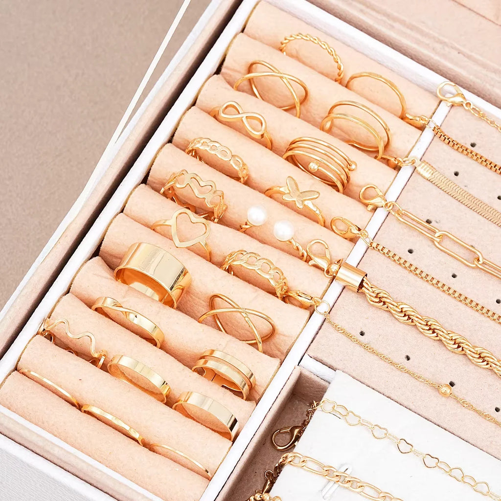 40 Pcs/Set Elegant Geometric Pearl Rings Multi-Layered Heart Zircon Necklace Simple Bracelet 3-In-1 Jewelry Set For Women Gifts