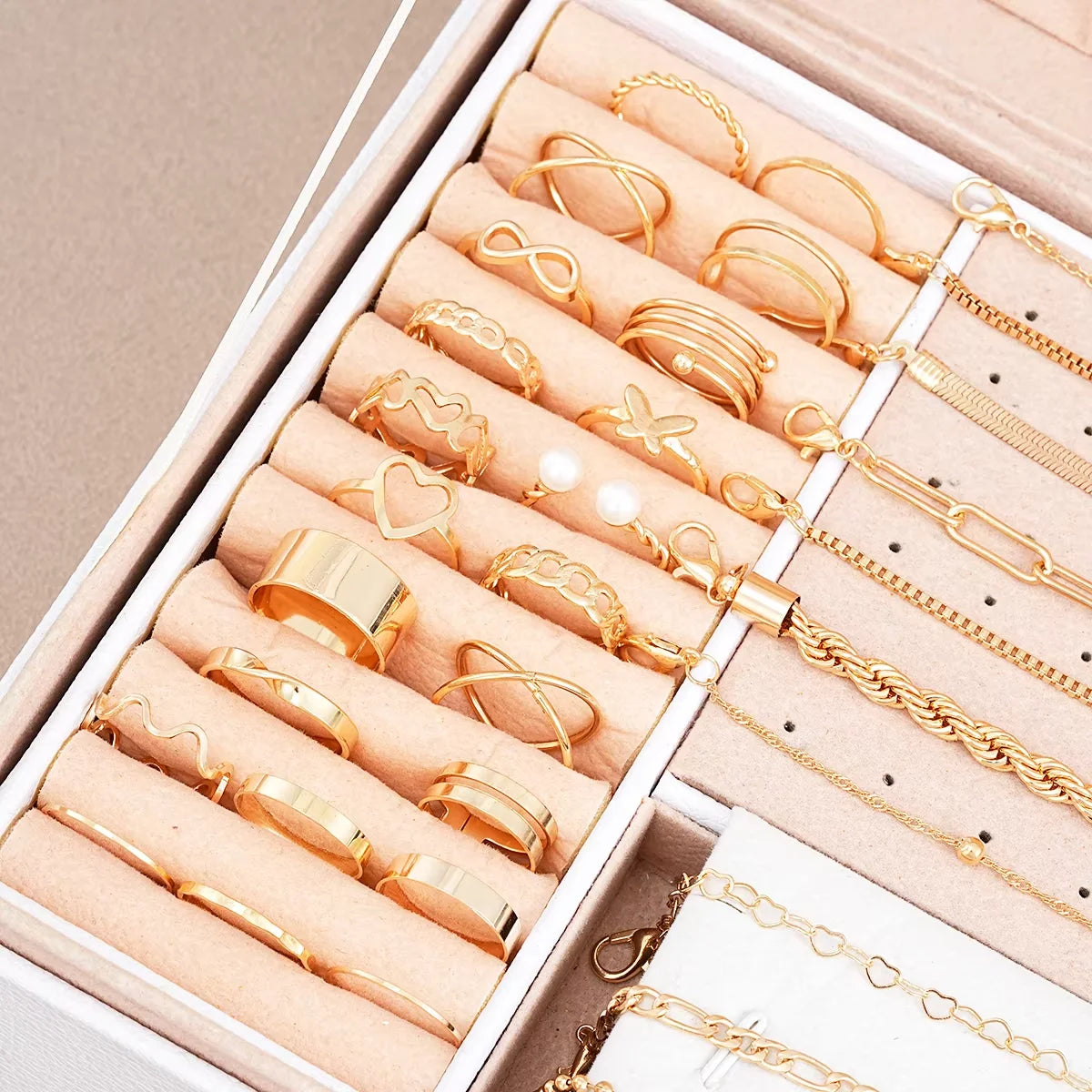 40 Pcs/Set Elegant Geometric Pearl Rings Multi-Layered Heart Zircon Necklace Simple Bracelet 3-In-1 Jewelry Set For Women Gifts