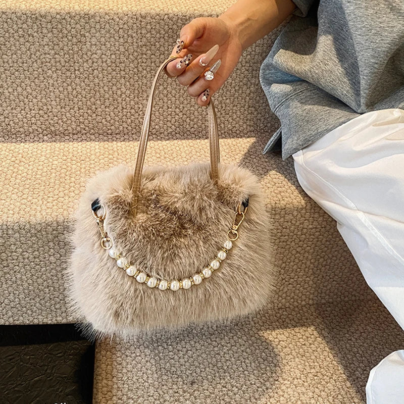 Winter Fashion Faux Fur Crossbody Bags for Women's Gift, Pearl Chain Decor Shoulder Bag, Ladies Handbags Top-handel Bag