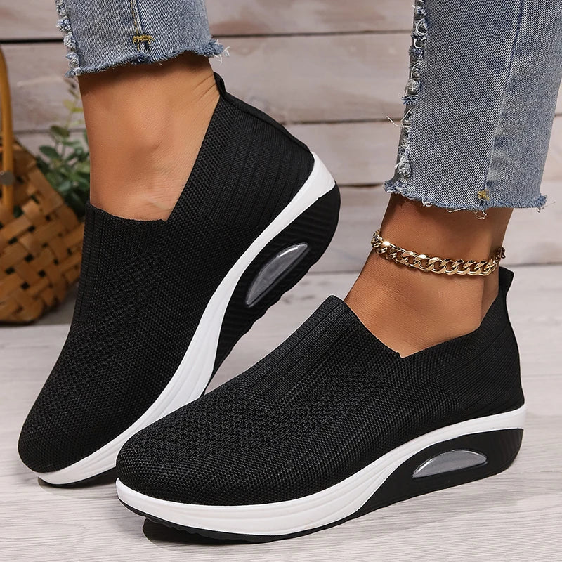 Breathable Knit Wedges Sneakers Woman Spring Autumn Slip On Platform Sport Sneakers Woman Plus Size Thick Sole Walking Shoes