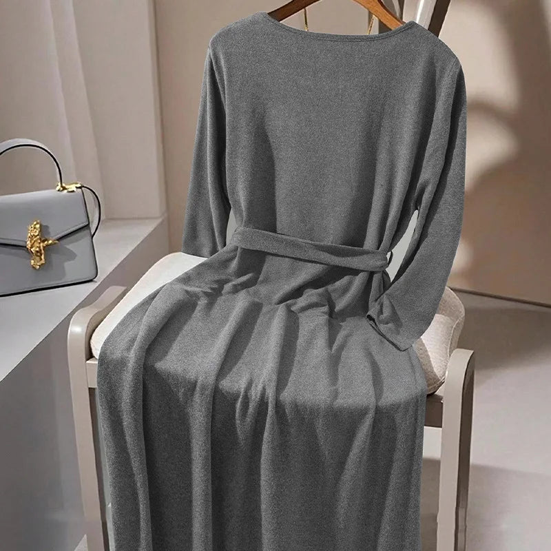 Casual Long Sleeve Maxi Dress Women 2025 Autumn Fashion O-neck Slim Lace-up A-line Dresses With Sashes Elegant