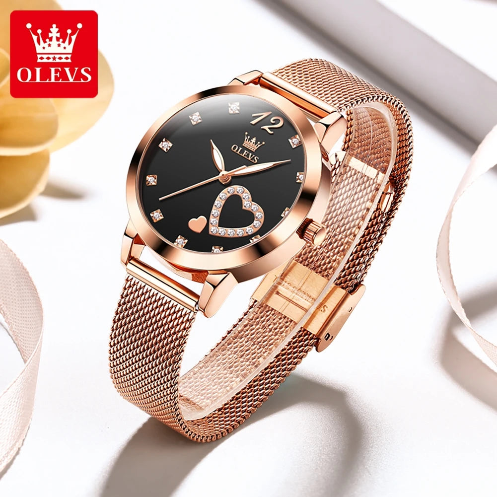OLEVS 5189 Women's Watch Quartz Wristwatch Casual Fashion Watch for Ladies Waterproof Luminous Mesh Belt Love Dial Zircon Scale