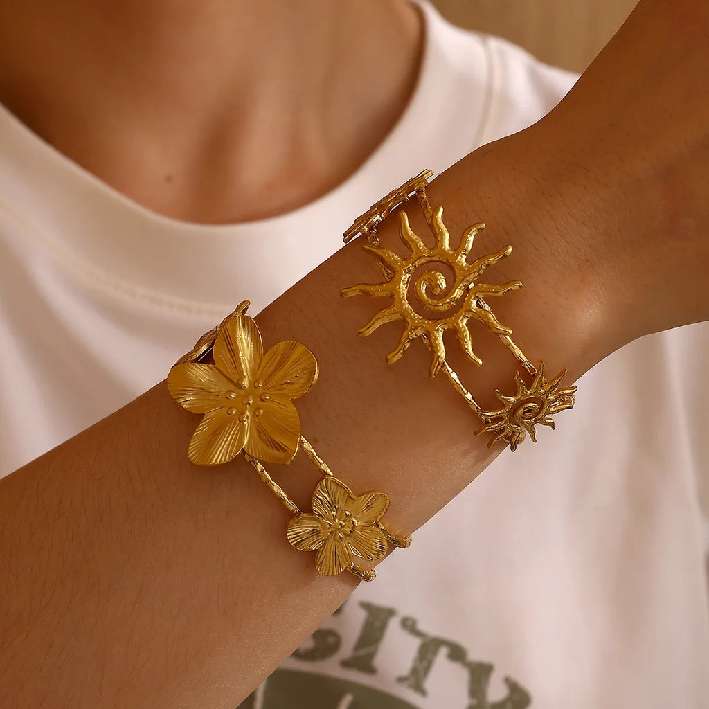 Chunky Adjust Double Layer Cuff Bracelet Women Punk 2025 Fashion Flower Sun Bangle Gold Color Stainless Steel Waterproof Jewelry