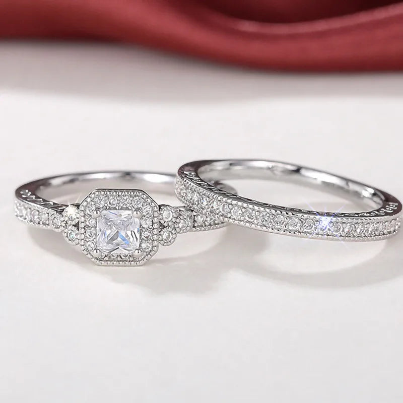 925 Sterling Silver Set Rings for Women 2Pcs Luxury Cubic Zircon Wedding Accessories Temperament Elegant Female Jewelry