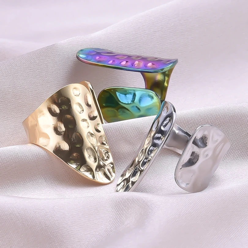 1Pc Stainless Steel Waterproof Women Personality Textured Chunky Open Rings Vintage Hollow Irregular Multi-layer Anillos Jewelry