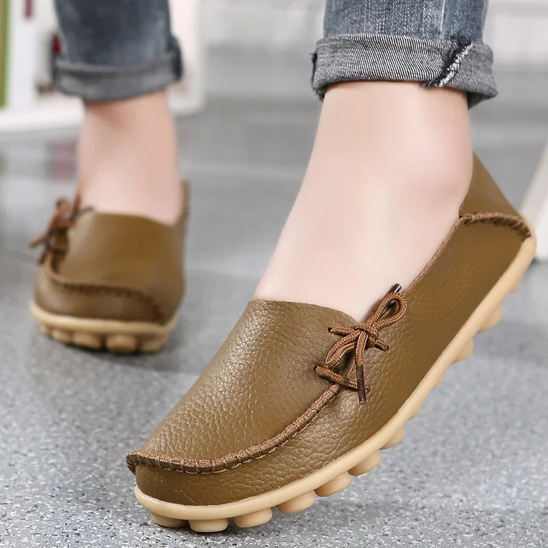 Moccasins Women Flats  Autumn New Woman Loafers Genuine Leather Female Shoes Slip on Ballet Bowtie Women's Shoes Big Size
