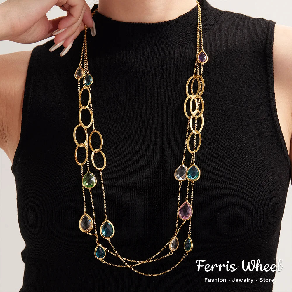 Colorful Glass Water Drop Pendant Necklace for Women's Waterproof Stainless Steel Gold-plated Chain 87cm Long Necklace Jewelry