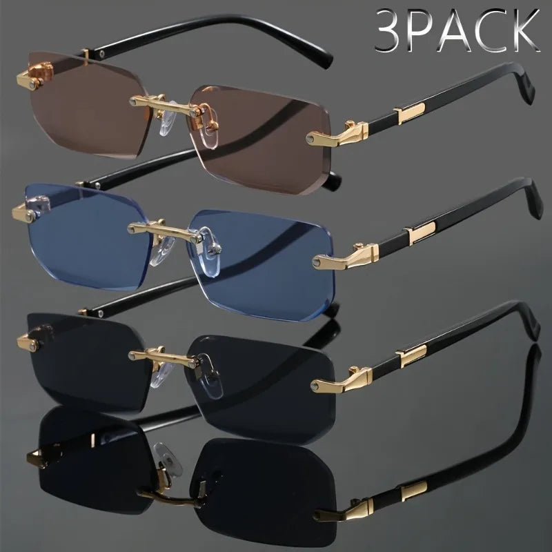 3pcs of men's frameless rectangular fashionable glasses - durable PC lenses suitable for commuting and casual wear
