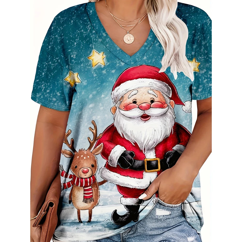Christmas womens cartoon Santa Claus printed tops Christmas T-shirt short sleeved V-neck casual party outfit oversized women top