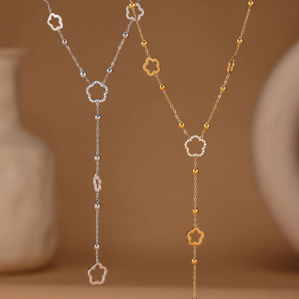 Nivora Flower Chain Stainless Steel Zircon Long Necklacs For Women PVD Gold Plated Metal Female Collar Party Wedding Jewelry