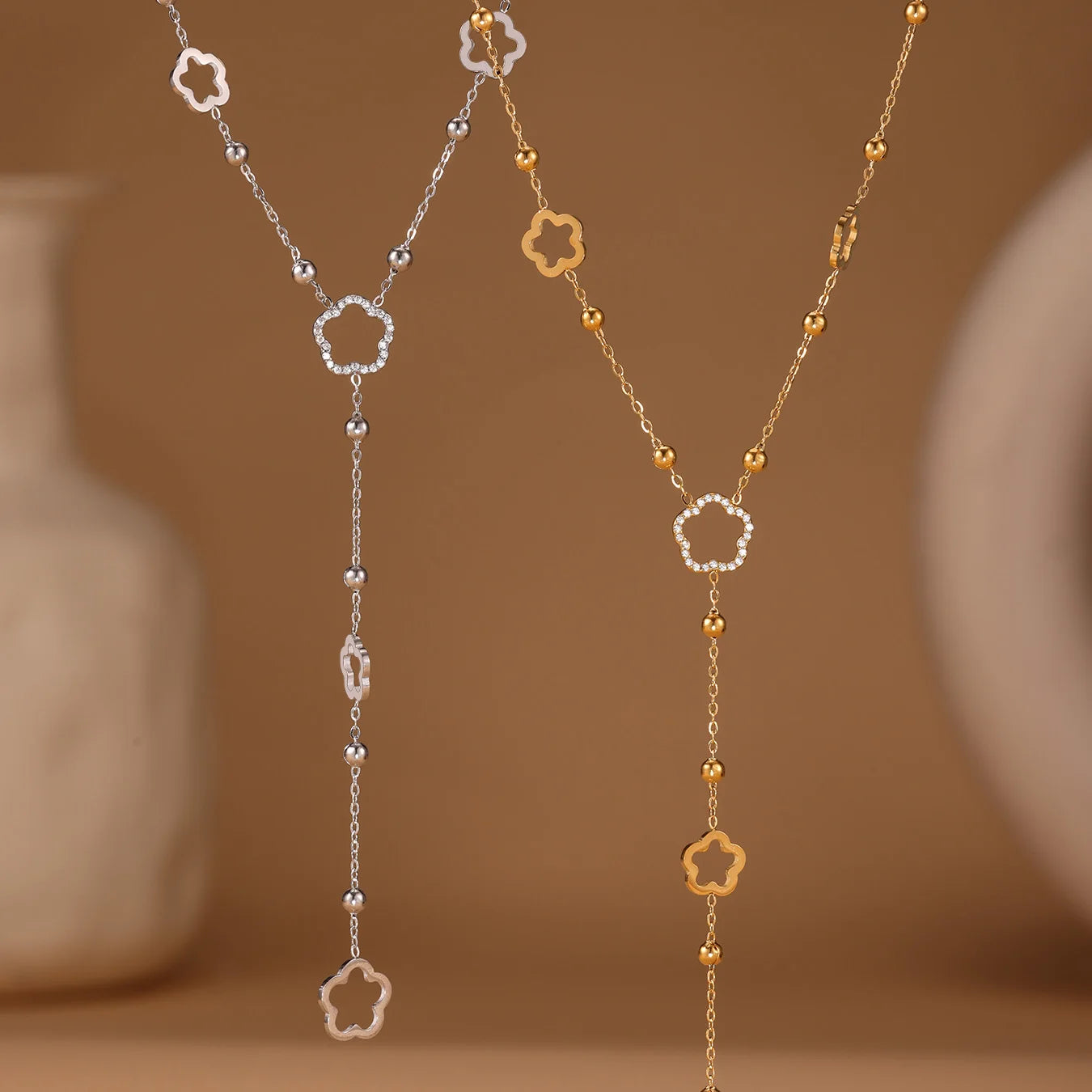 Nivora Flower Chain Stainless Steel Zircon Long Necklacs For Women PVD Gold Plated Metal Female Collar Party Wedding Jewelry