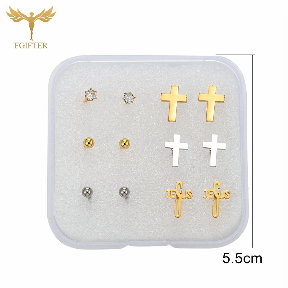 Christian Jesus Cross Earrings Zircon Balls Stainless Steel Stud Earings Set Women Men Jewelry Small Christmas Gifts With Box
