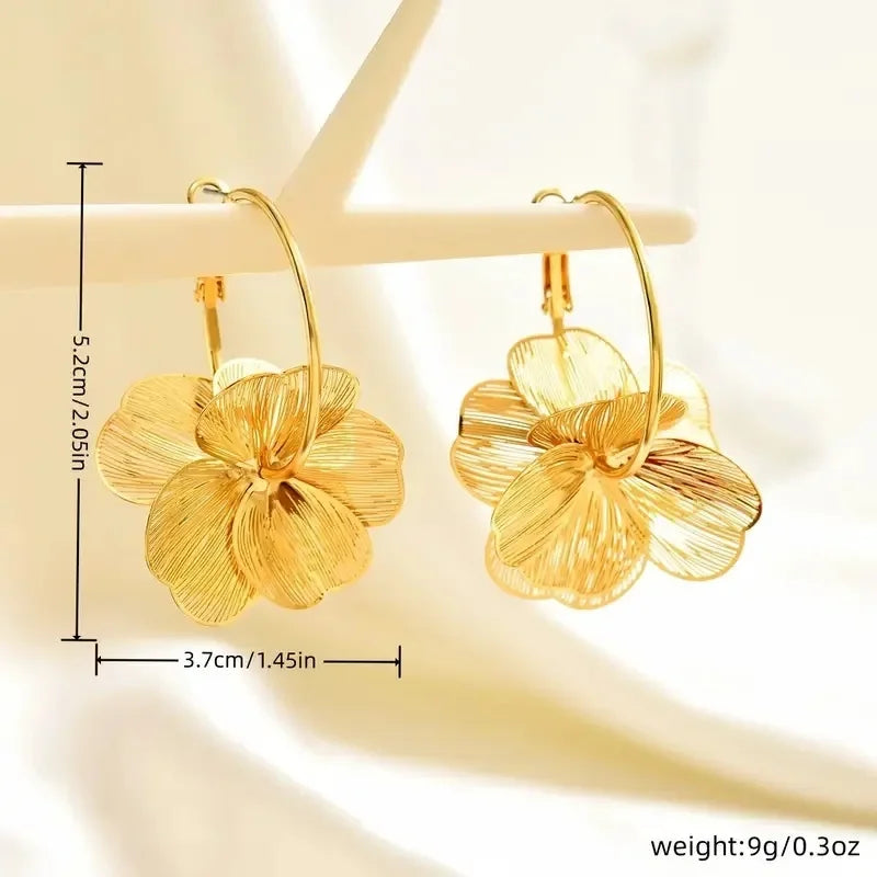 Stainless Steel Golden Double-Layer Hollow Flower Hoop Earring for Women Vintage Flower Earrings for Daily Wear Jewelry Gifts