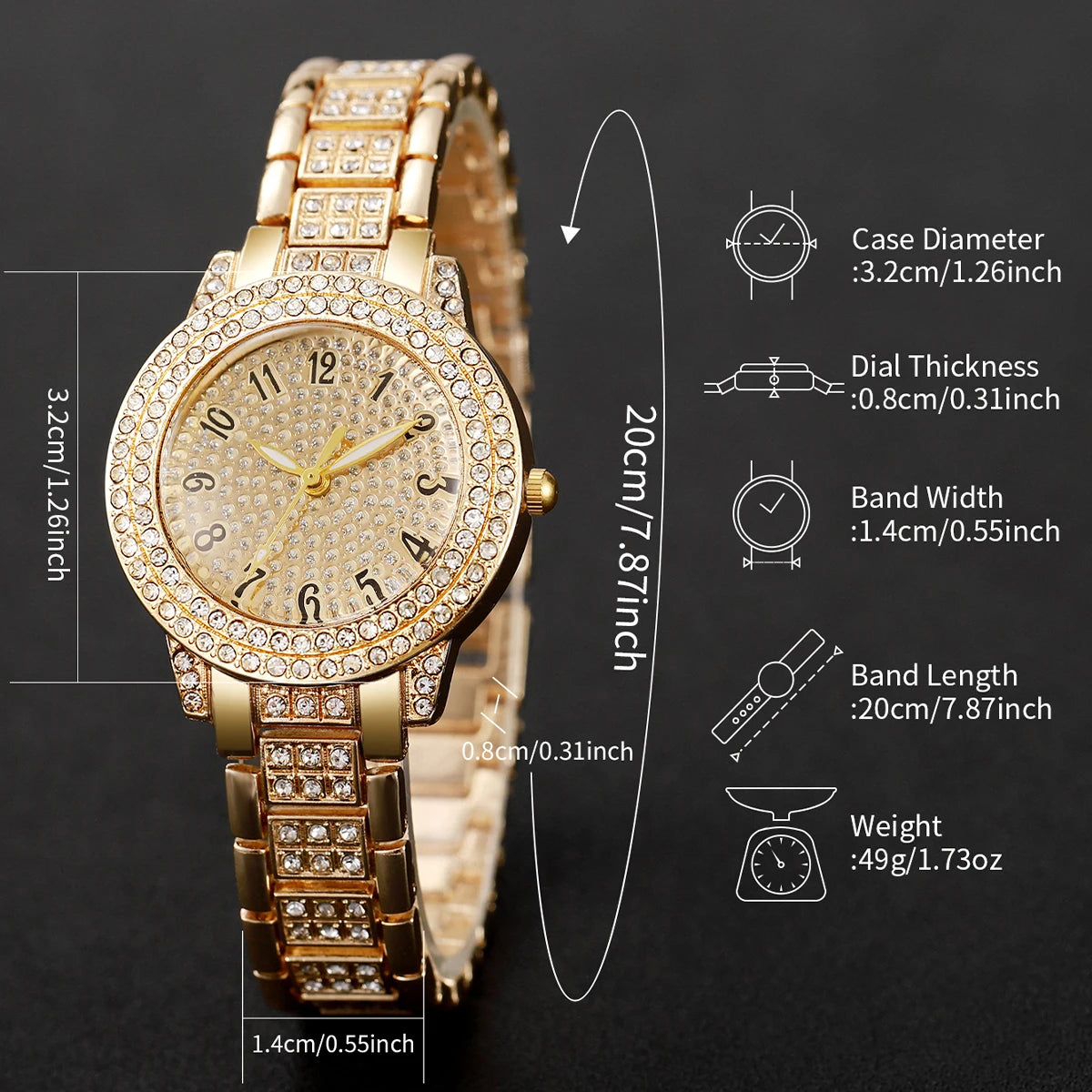 6PCS Fashion Full Diamond Women's Watch Gold Steel Band Analog Quartz Watches Jewelry Set（Without Box）