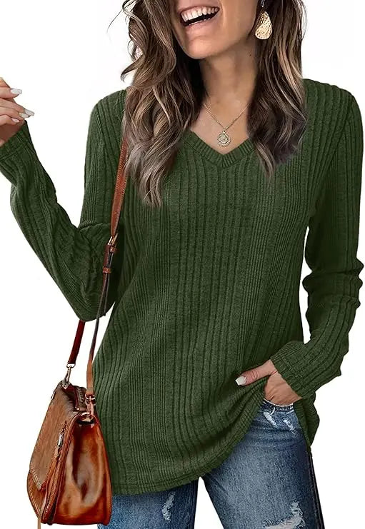 Women's knitted sweater V-neck versatile top long sleeve 2024 autumn and winter style wine red loose inner T-shirt