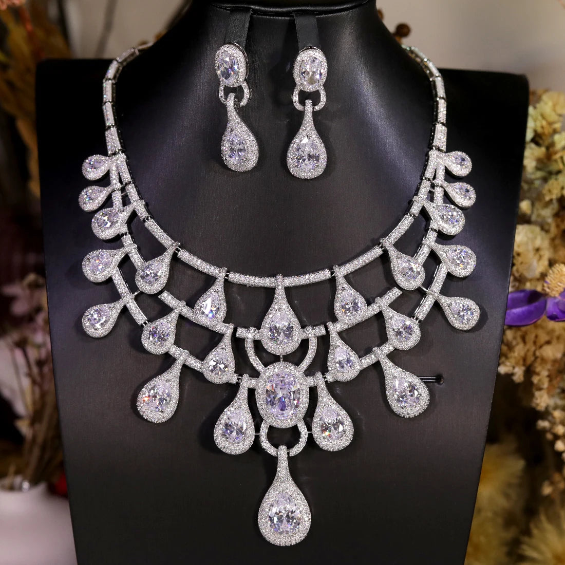 ASNORA Luxury 2PCS Big Water Drop Pendant Necklace African Jewelry Set For Women Wedding Party CZ Dubai Bridal Jewelry Indian