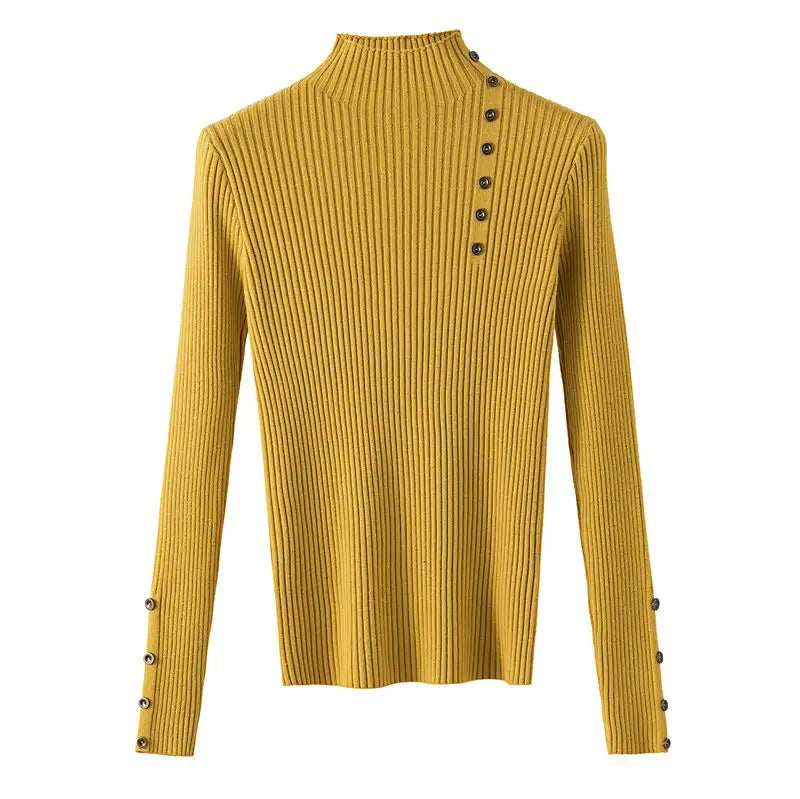 2025 Women Autumn Knitted Slim Sweaters Female Solid Knitted Cotton Soft Elastic Pullovers Button Full Sleeve Turtleneck