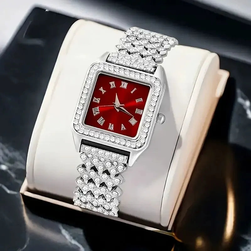 5Pcs/Fashion Roman Full Diamond Square Ladies Watch Women's Quartz Watch + Necklace, Earrings, Rings Jewelry Set