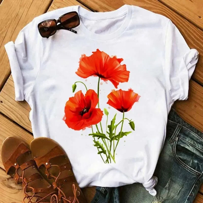 Female Short Sleeve Tshirt Harajuku Tee Shirts Girls T-shirts Fashion Red Poppy Women T Shirt Funny Black Printed Tops Tee