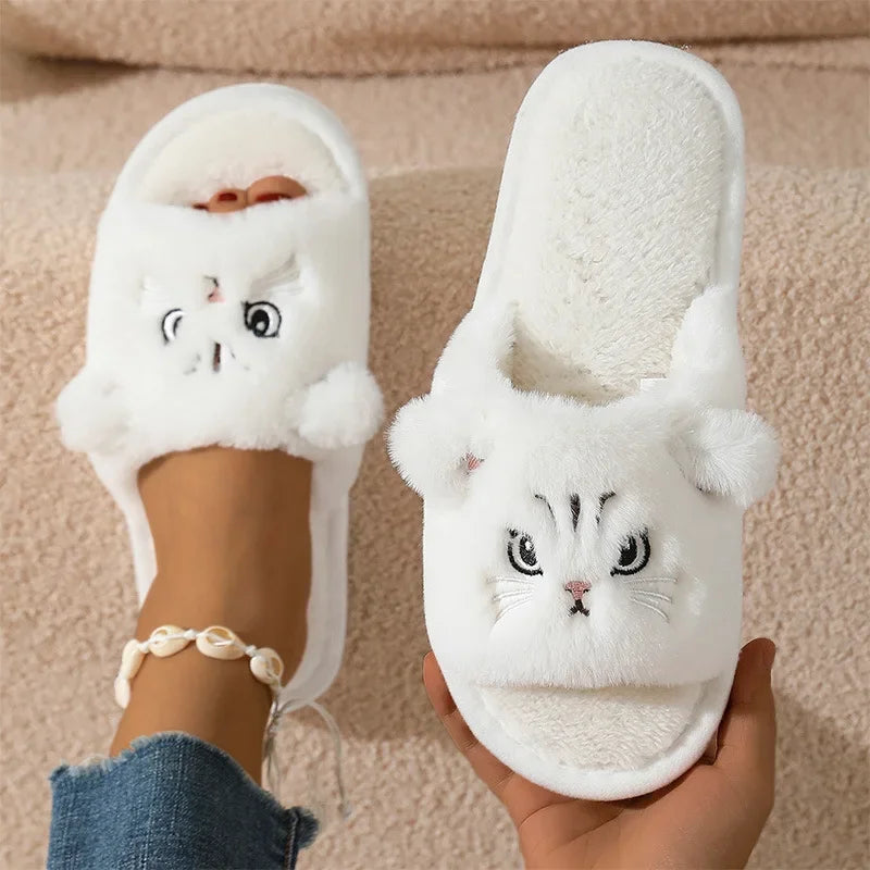 Faux Fur Cat Home Slippers for Couple Winter 2025 Warm Plush Soft Sole House Shoes Woman Plus Size 36-45 Non Slip Indoor Slides