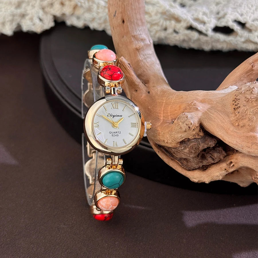 Colorful Turquoise Ladies Wristwatch Bracelet New Popular Luxury Vintage Stone Embedded Elegance Quartz Watch for Women