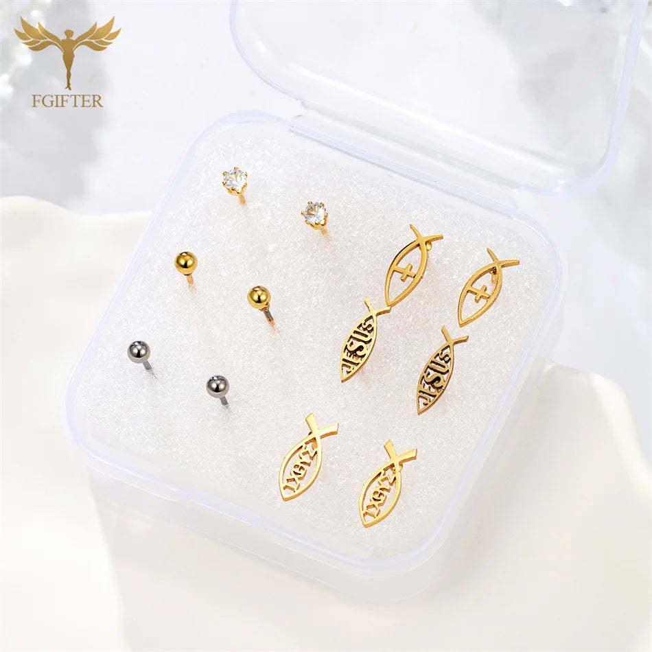 Christian Jesus Cross Earrings Zircon Balls Stainless Steel Stud Earings Set Women Men Jewelry Small Christmas Gifts With Box