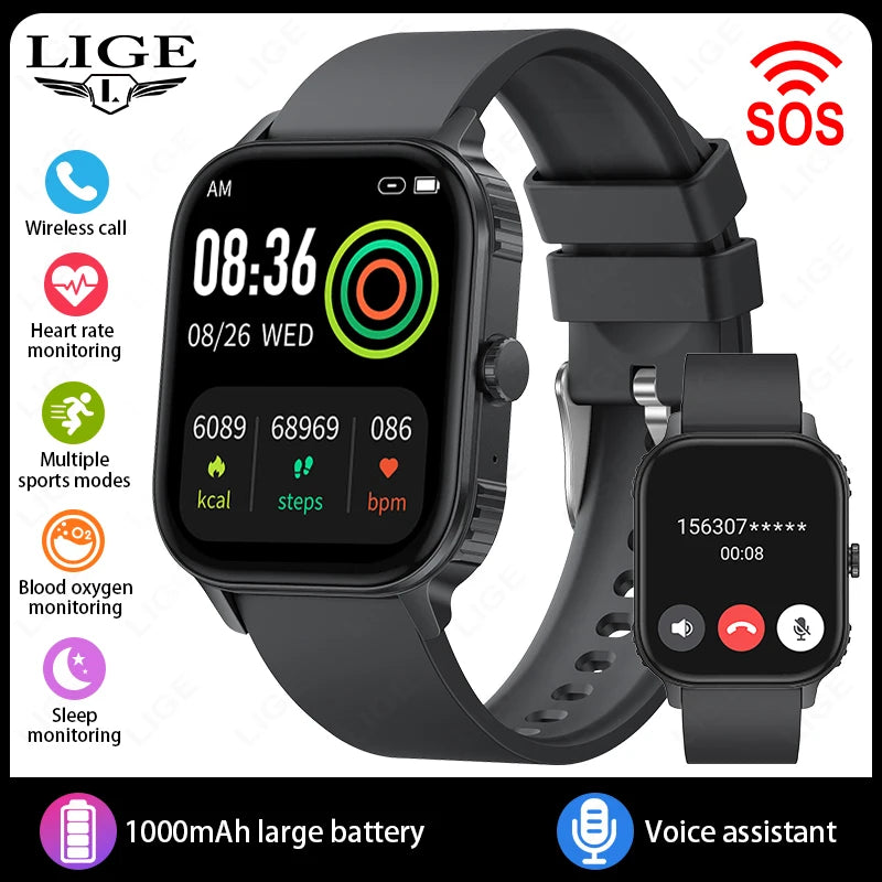 LIGE New 2.04" HD Display Health Monitor Smart Watch 2025 1000mAh Large Battery Bluetooth Call IP68 Waterproof Sports Smartwatch