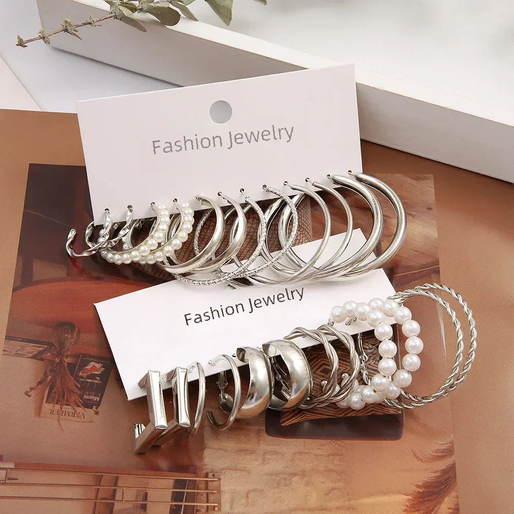 24 Pcs Vintage Silver Color Y2K Pearl Earrings for Women Geometry Round Circle Square Hoop Earring Set Fashion Female Jewelry