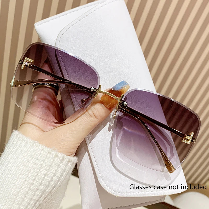 Diamond-in Sunglasses Letter F Frameless Edged Sunglasses Metal Square Large Frame Trendy Glasses Women 90267