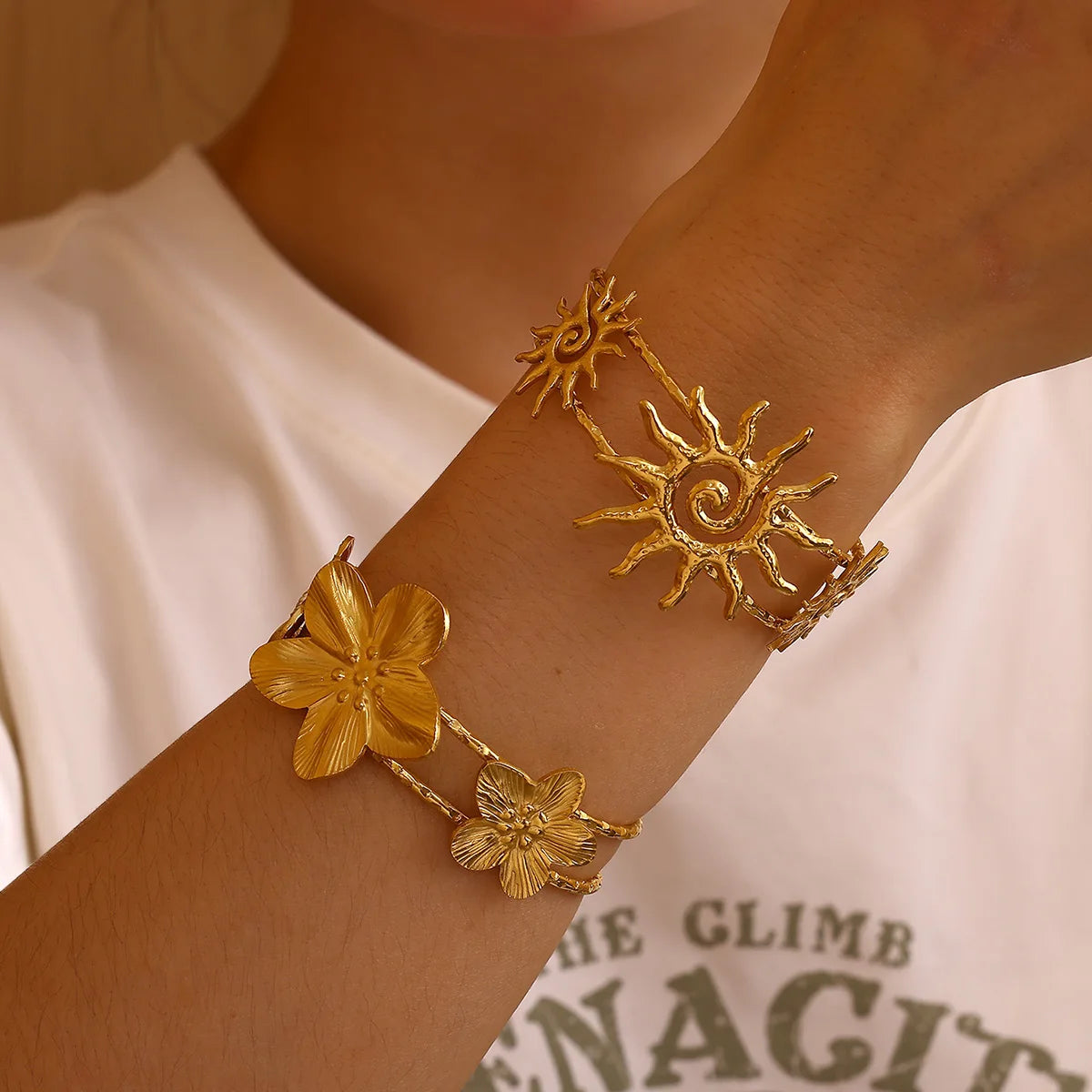 Chunky Adjust Double Layer Cuff Bracelet Women Punk 2025 Fashion Flower Sun Bangle Gold Color Stainless Steel Waterproof Jewelry