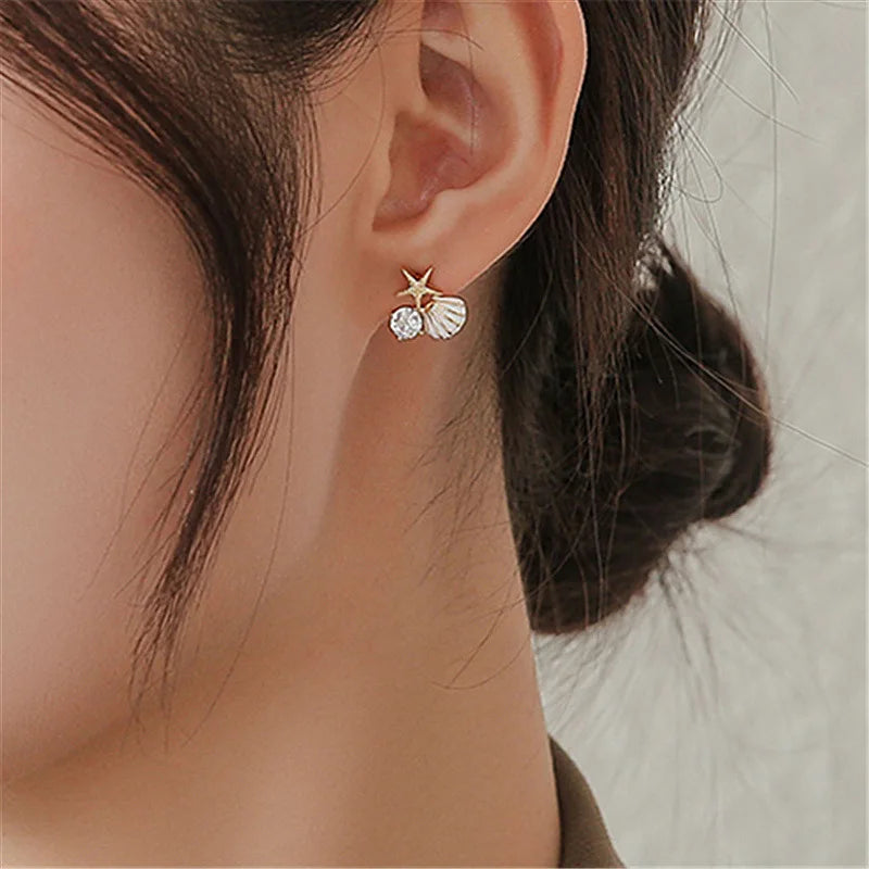 White Pink Shell Starfish Stud Earrings for Women Cute Asymmetric Imitation Pearl Rhinestones Beads Charms Small Ear Jewelry