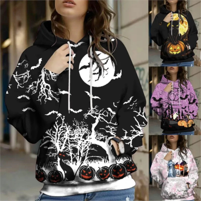 Loose Womens Sweatshirt Fashionable Halloween Retro Casual Temperament Commuter Style Long-sleeved Pocket Pullover Hooded Coats