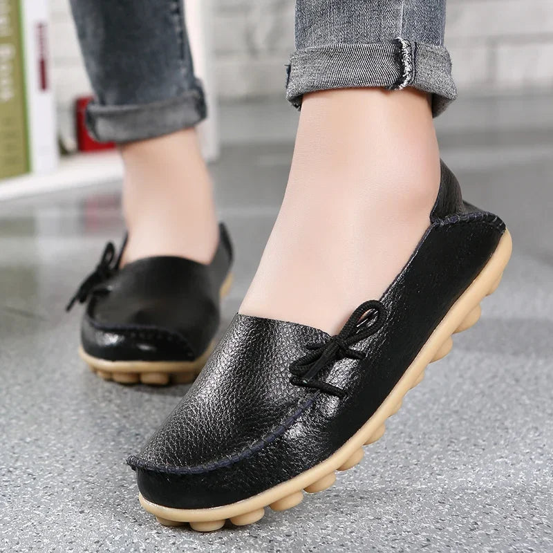 Moccasins Women Flats  Autumn New Woman Loafers Genuine Leather Female Shoes Slip on Ballet Bowtie Women's Shoes Big Size