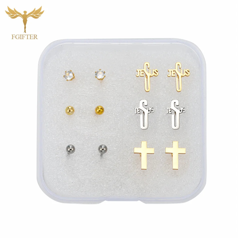 Christian Jesus Cross Earrings Zircon Balls Stainless Steel Stud Earings Set Women Men Jewelry Small Christmas Gifts With Box